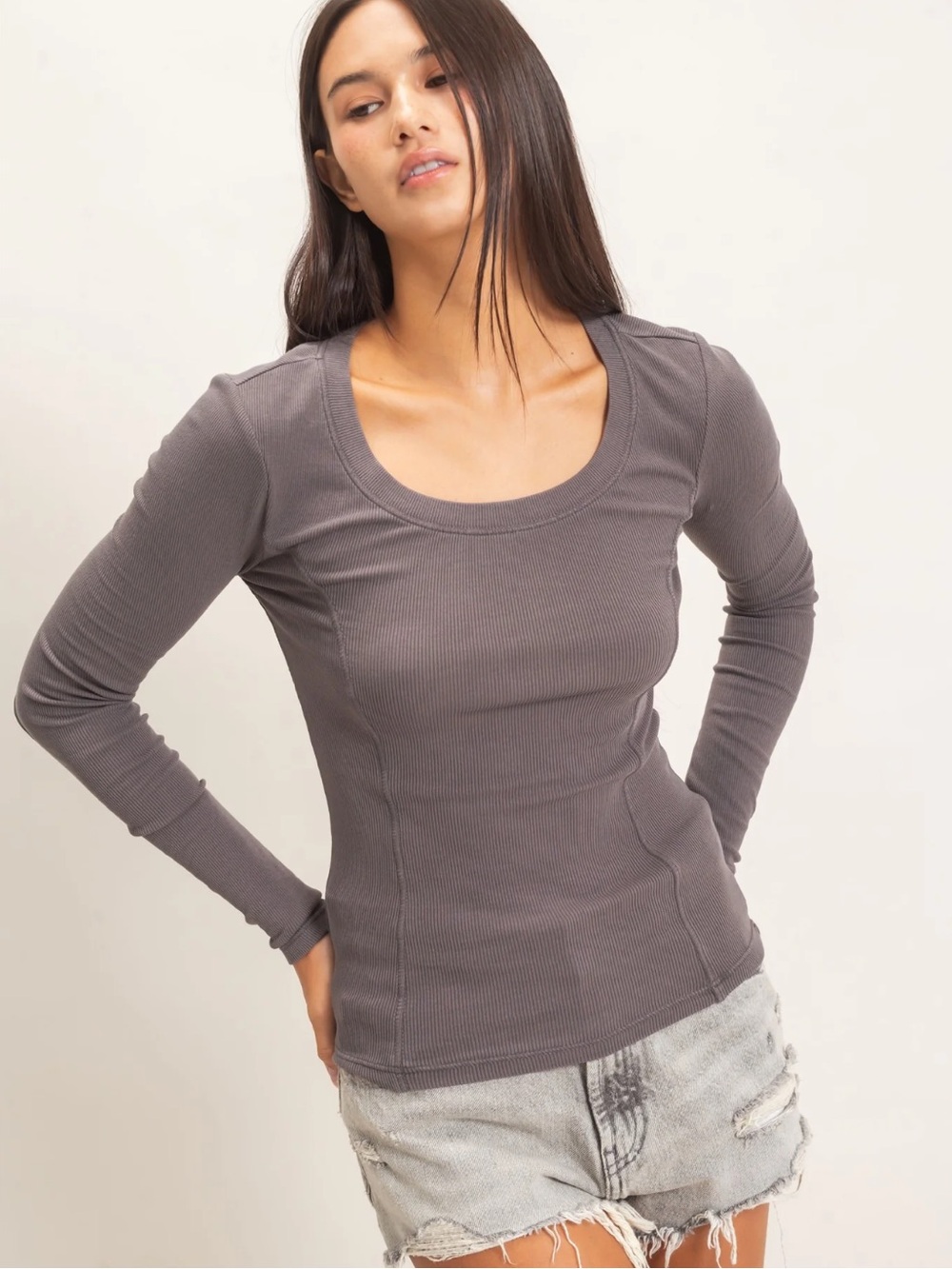 NEW Double Zero Pigment Dyed Scoop Neck Seam Detail Long Sleeve Top